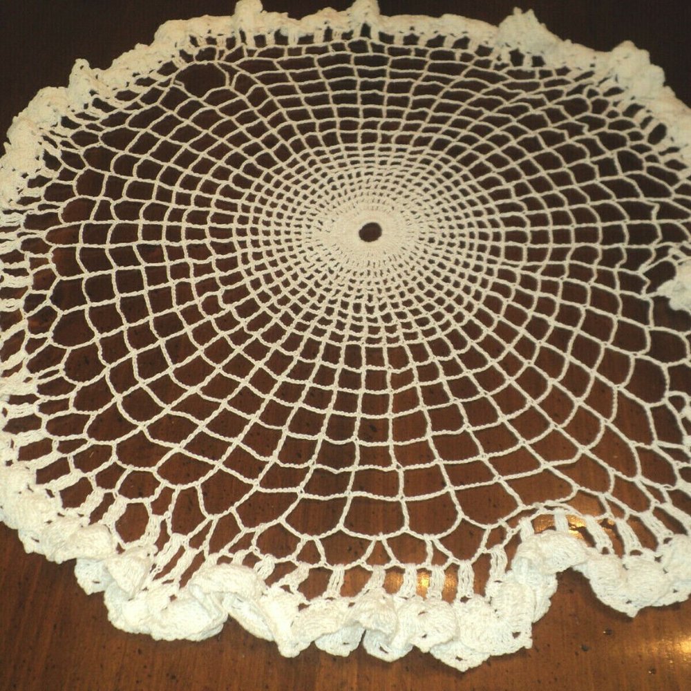 Hand Crocheted Round Doily Off-White 21" Diameter Ruffled Edge
